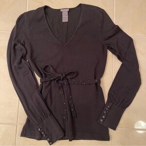 Ann Taylor Silk V-Neck Sweater with Belt Black XS